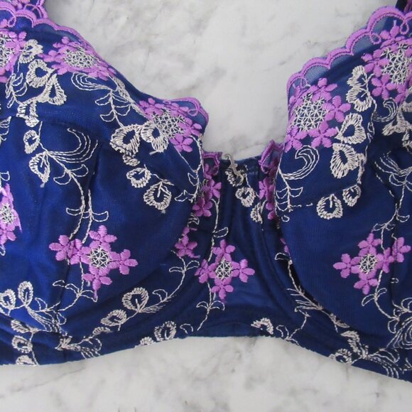 Fredericks of Hollywood Bra 34DD Blue Lace Embroidered Underwire Back Closure - Picture 3 of 8